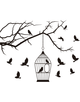 Stickers branche d'arbre oiseaux cage